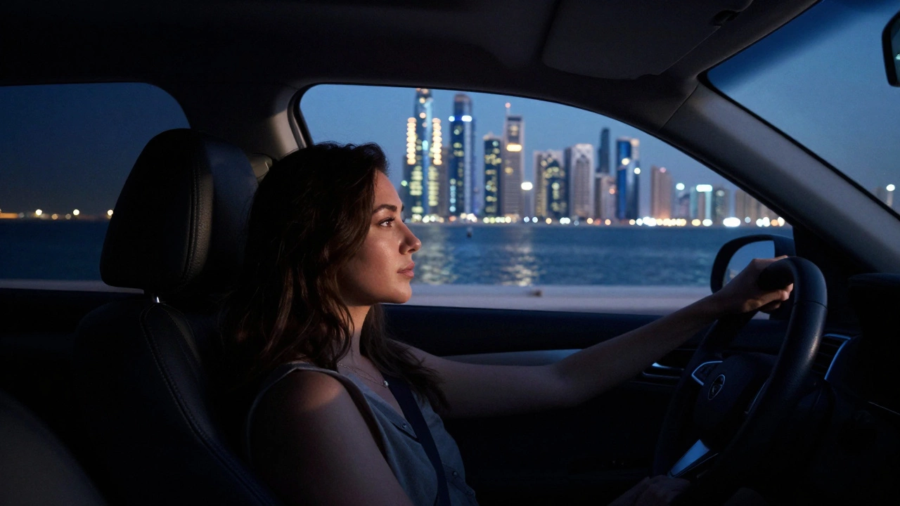 A midnight coastal drive in Dubai, wind through open windows, serene and unspoken connection.