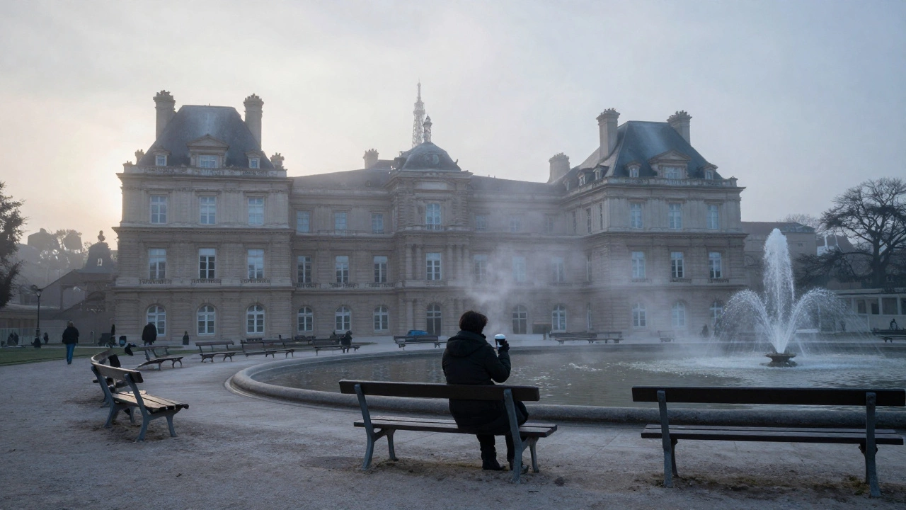 A solitary figure walking through Luxembourg Gardens at dawn near the Eiffel Tower.