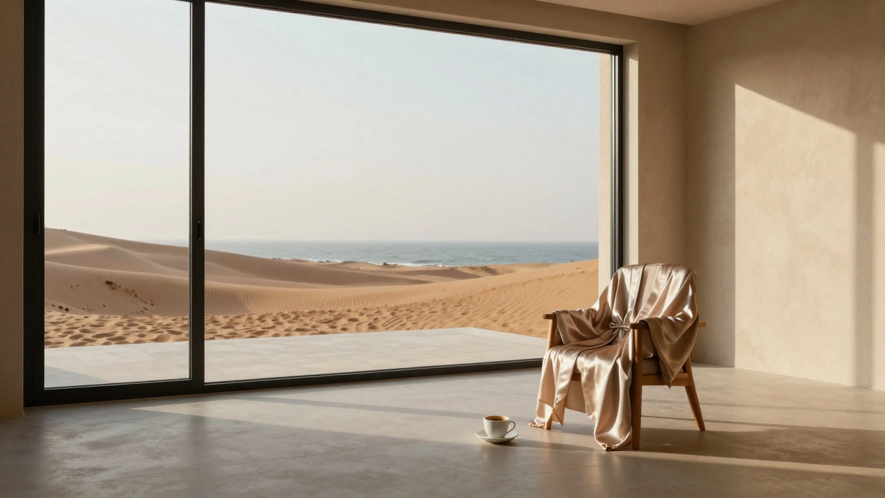An empty luxury villa at dawn, silk robe and coffee cup hinting at a meaningful, unseen visit.