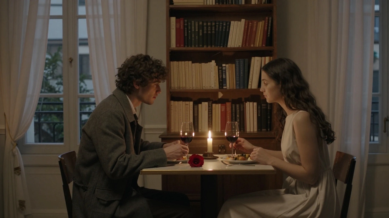 Two people sharing a quiet meal in a literary Parisian apartment at twilight.